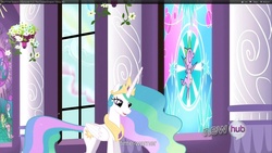 Size: 1920x1080 | Tagged: safe, screencap, princess celestia, alicorn, pony, g4, the crystal empire, female, hub logo, logo, mare, open mouth, solo, stained glass, the hub, youtube caption