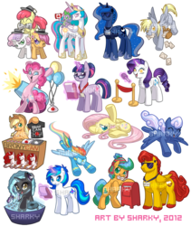 Size: 957x1135 | Tagged: safe, artist:sharky, apple bloom, applejack, derpy hooves, fluttershy, pinkie pie, princess celestia, princess luna, rainbow dash, rarity, scootaloo, spike, sweetie belle, twilight sparkle, whitecap, oc, g1, g4, balloon, clothes, g1 to g4, generation leap, kepek, night life, ocean pride, party cannon, plushie, race swap, t-shirt, van isle