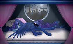 Size: 2500x1500 | Tagged: safe, artist:wreky, princess luna, alicorn, pony, g4, bed, canterlot, female, solo