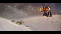 Size: 1422x800 | Tagged: safe, artist:bluefluffydinosaur, oc, oc only, oc:tum tana, pegasitherium, prehistoric, snow, snowfall