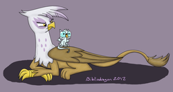 Size: 1286x685 | Tagged: safe, artist:bibliodragon, gilda, oc, griffon, g4, glasses