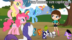 Size: 854x479 | Tagged: safe, fluttershy, pinkie pie, rainbow dash, rarity, dog, gecko, hedgehog, human, mongoose, panda, pony, skunk, g4, back of head, blythe baxter, comparison, crossover, eyes closed, female, height, littlest pet shop, male, penny ling, pepper clark, russell ferguson, size comparison, smiling, sunil nevla, vinnie terrio, zoe trent