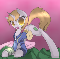 Size: 1592x1574 | Tagged: safe, artist:prozenconns, oc, oc only, oc:littlepip, pony, unicorn, fallout equestria, clothes, fanfic, fanfic art, female, jumpsuit, mare, pipbuck, solo, vault suit