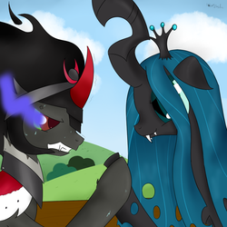 Size: 847x847 | Tagged: safe, artist:rodolfomushi, king sombra, queen chrysalis, changeling, changeling queen, pony, unicorn, g4, the crystal empire, female, hoofwrestle, male, ship:chrysombra, shipping, straight