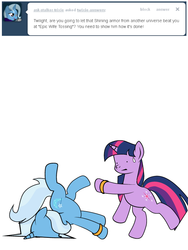 Size: 600x800 | Tagged: safe, artist:dekomaru, trixie, twilight sparkle, pony, tumblr:ask twixie, g4, ask, backbend, epic wife tossing, faceplant, fail, female, lesbian, ship:twixie, shipping, tumblr