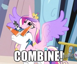 Size: 561x464 | Tagged: safe, edit, edited screencap, screencap, princess cadance, shining armor, alicorn, pony, unicorn, g4, the crystal empire, caption, crossover, female, horn, horn crystals, hub logo, image macro, male, mare, stallion, tengen toppa gurren lagann, text