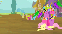 Size: 427x240 | Tagged: safe, screencap, cherry berry, daisy, flower wishes, fluttershy, goldengrape, linky, shoeshine, sir colton vines iii, g4, it's about time, animated, crawling, ponies standing next to each other