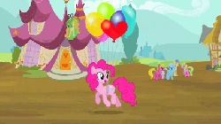 Size: 427x240 | Tagged: safe, screencap, cherry berry, daisy, flower wishes, goldengrape, linky, pinkie pie, shoeshine, sir colton vines iii, earth pony, pony, g4, it's about time, season 2, animated, balloon, female, in which pinkie pie forgets how to gravity, male, mare, pinkie being pinkie, pinkie physics, stallion, then watch her balloons lift her up to the sky