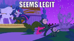 Size: 427x240 | Tagged: safe, edit, edited screencap, screencap, pinkie pie, spike, twilight sparkle, dragon, earth pony, pony, unicorn, g4, it's about time, animated, armor, caption, catsuit, female, image macro, male, mare, night guard, royal guard, seems legit, sneaking suit, stallion, text, unicorn royal guard, unicorn twilight