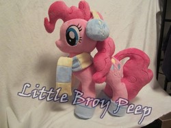Size: 800x600 | Tagged: safe, artist:little-broy-peep, pinkie pie, earth pony, pony, g4, boots, clothes, earmuffs, irl, photo, plushie, scarf, solo