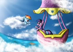 Size: 3000x2121 | Tagged: safe, artist:neko-me, rainbow dash, twilight sparkle, pegasus, pony, unicorn, g4, balloon, cloud, cloudy, duo, female, filly, filly rainbow dash, hot air balloon, island, looking at each other, on a cloud, twinkling balloon, unicorn twilight, water, younger