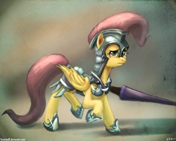 Size: 1905x1533 | Tagged: safe, artist:tarantad0, fluttershy, pegasus, pony, g4, armor, crystal guard armor, crystal pony armor, female, jousting, jousting lance, jousting outfit, mare, solo, unamused, walking