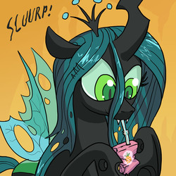 Size: 1600x1600 | Tagged: safe, artist:docwario, queen chrysalis, changeling, changeling queen, g4, crown, cute, cutealis, drinking, female, hoof hold, jewelry, juice box, regalia, smiling, solo, straw