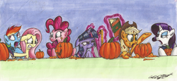 Size: 3282x1516 | Tagged: safe, artist:mattings, applejack, fluttershy, pinkie pie, rainbow dash, rarity, twilight sparkle, earth pony, pony, unicorn, g4, book, female, halloween, jack-o-lantern, levitation, magic, mane six, mare, measuring tape, pumpkin, pumpkin carving, telekinesis