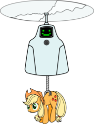 Size: 1024x1349 | Tagged: safe, artist:kennyklent, applejack, earth pony, pony, robot, g4, applejack's hat, confused, cowboy hat, crossover, female, flying, hat, holding a pony, jailbot, mare, simple background, smiling, superjail, transparent background