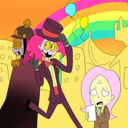 Size: 900x900 | Tagged: safe, artist:dmsal1818, fluttershy, pinkie pie, human, g4, balloon, crossover, humanized, jared, pinkamena diane pie, superjail, warden