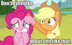 Size: 848x532 | Tagged: safe, applejack, pinkie pie, g4, image macro, nervous, scared