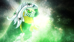 Size: 1024x576 | Tagged: safe, artist:tzolkine, zecora, zebra, g4, clothes, dress, glowing, long hair, nightmare night, robes, wallpaper