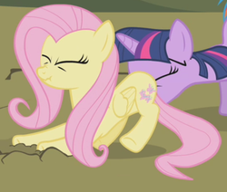 Size: 488x414 | Tagged: safe, screencap, fluttershy, twilight sparkle, dragonshy, g4, butt touch, duo, faceful of ass, fetish fuel, out of context, pushing, rump push, scrunchy face