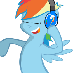 Size: 1000x1000 | Tagged: safe, artist:we3zle, rainbow dash, pegasus, pony, g4, cutie mark, dancing, eyes closed, female, headphones, mare, simple background, smiling, solo, spread wings, standing, transparent background, wings