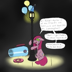 Size: 800x800 | Tagged: dead source, safe, artist:ichibangravity, pinkie pie, earth pony, pony, g4, balloon, broken, crying, greatest fear, lamppost, party cannon, pinkamena diane pie, sad, solo, sombra eyes, streetlight