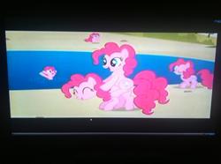 Size: 960x716 | Tagged: safe, screencap, pinkie pie, earth pony, pony, g4, too many pinkie pies, clone, fun fun fun, out of context, photo, picture of a screen, pinkie clone, ponies riding ponies, riding, self riding