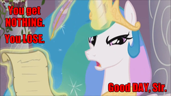 Size: 1280x720 | Tagged: safe, princess celestia, g4, image macro, movie reference, reference, roald dahl, willy wonka and the chocolate factory, you get nothing