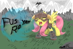 Size: 1377x933 | Tagged: safe, artist:grandpalove, fluttershy, g4, crossover, dovahkiin, dovahshy, fus-ro-dah, skyrim, the elder scrolls, yay