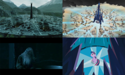 Size: 1038x628 | Tagged: safe, edit, edited screencap, screencap, twilight sparkle, g4, the crystal empire, comparison, gandalf, isengard, lord of the rings, orthanc