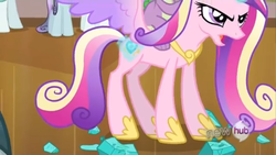 Size: 640x360 | Tagged: safe, screencap, princess cadance, spike, alicorn, crystal pony, dragon, pony, g4, season 3, the crystal empire, concave belly, cropped, dragons riding ponies, female, hoof shoes, hub logo, male, offscreen character, riding, riding a pony, slender, solo focus, thin, unnamed character, unnamed pony, wingless spike