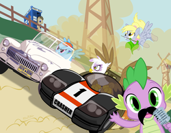 Size: 1200x932 | Tagged: safe, artist:pixelkitties, derpy hooves, doctor whooves, gilda, rainbow dash, spike, time turner, griffon, pegasus, pony, g4, car, challenge of the gobots, crasher, doctor who, female, ford, gobots, mare, moustache, race, racing, tardis, windmill