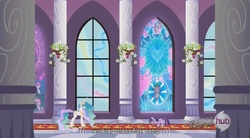 Size: 844x467 | Tagged: safe, screencap, princess celestia, twilight sparkle, alicorn, pony, unicorn, g4, the crystal empire, canterlot, hub logo, stained glass, youtube caption