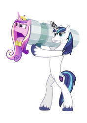 Size: 744x1052 | Tagged: safe, artist:ranmasayo, princess cadance, shining armor, pony, unicorn, g4, bipedal, cannon ponies, crown, epic wife tossing, fastball special, female, horn, jewelry, launcher, male, mare, pony cannonball, regalia, simple background, stallion, transparent background
