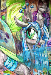 Size: 1000x1465 | Tagged: source needed, safe, artist:buttercupsaiyan, queen chrysalis, changeling, changeling queen, g4, cocoon, female, solo, traditional art