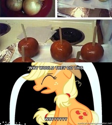 Size: 700x786 | Tagged: safe, applejack, caramel, g4, april fools, april fools joke, exploitable meme, food, memegenerator, onion, prank, sad, unhapplejack