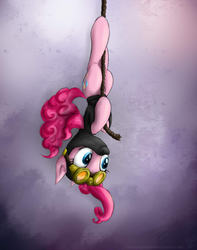 Size: 818x1038 | Tagged: safe, artist:rule1of1coldfire, pinkie pie, earth pony, pony, g4, cropped, female, goggles, ninja, pinkie spy, rope, solo, upside down