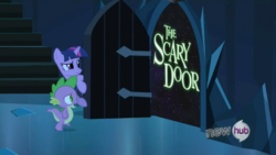 Size: 854x480 | Tagged: safe, spike, twilight sparkle, g4, my little pony: friendship is magic, the crystal empire, exploitable meme, futurama, male, meme, the scary door