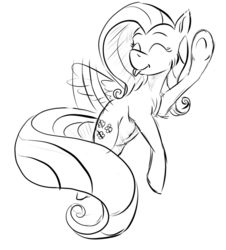 Size: 1024x1132 | Tagged: safe, artist:lotoahu, fluttershy, pegasus, pony, g4, eyes closed, female, flying, grayscale, lineart, mare, monochrome, raised hoof, sketch, smiling, solo, spread wings, tongue out, turned head, waving, wings