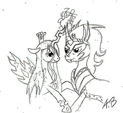 Size: 900x829 | Tagged: safe, artist:rossmaniteanzu, king sombra, queen chrysalis, g4, female, horn, horns are touching, male, ship:chrysombra, shipping, straight, unholy matrimony