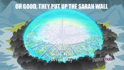 Size: 2048x1152 | Tagged: safe, edit, edited screencap, screencap, g4, season 3, the crystal empire, caption, crystal empire, hub logo, pun, sarah wall, text