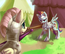 Size: 1188x990 | Tagged: safe, artist:mewball, fluttershy, rainbow dash, g4, armor, jousting, scene interpretation