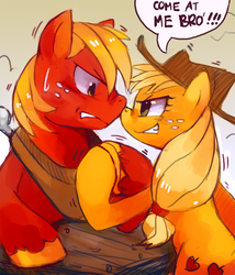 Size: 599x700 | Tagged: safe, artist:suikuzu, applejack, big macintosh, earth pony, pony, g4, come at me bro, hoofwrestle, male, nose wrinkle, stallion