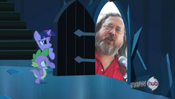 Size: 854x480 | Tagged: safe, spike, twilight sparkle, g4, my little pony: friendship is magic, the crystal empire, exploitable meme, meme, photo, richard stallman, the scary door