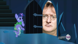 Size: 854x480 | Tagged: safe, spike, twilight sparkle, g4, my little pony: friendship is magic, the crystal empire, exploitable meme, gabe newell, meme, photo, the scary door