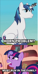 Size: 500x965 | Tagged: safe, edit, edited screencap, screencap, shining armor, twilight sparkle, bridle gossip, g4, my little pony: friendship is magic, the crystal empire, comic, cropped, horn, horn crystals, image macro, runs in the family, screencap comic, twilight flopple