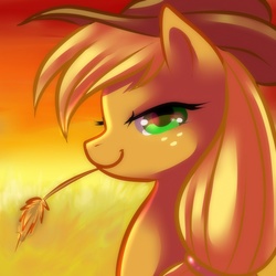 Size: 2000x2000 | Tagged: dead source, safe, artist:jacky-bunny, applejack, earth pony, pony, g4, bust, female, looking at you, portrait, profile, solo