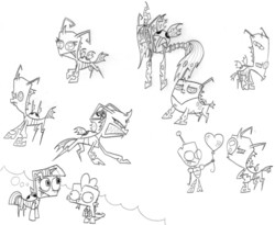 Size: 2766x2267 | Tagged: safe, artist:zimvader42, queen chrysalis, spike, twilight sparkle, changeling, g4, almighty tallest, changelingified, crossover, gir, invader skoodge, invader zim, irken, queen, sketch, sketch dump, species swap, tak, thought bubble