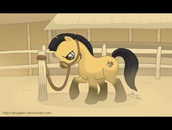 Size: 1972x1500 | Tagged: safe, artist:almairis, pony, 2011, angry, bridle, corral, crossover, dreamworks, fence, gradient legs, halter, hitching post, letterboxing, male, mustang, natural coat color, outdoors, pawing the ground, ponified, ponified scene, raised hoof, roached mane, signature, solo, spirit (character), spirit: stallion of the cimarron, stallion, standing, tack, tied to post
