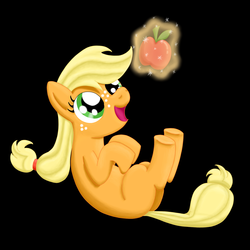 Size: 1500x1500 | Tagged: safe, artist:nurio, artist:nuriomarayana, applejack, princess celestia, earth pony, pony, g4, apple, black background, filly, happy, levitation, magic, obligatory apple, offscreen character, simple background, smiling