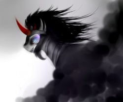 Size: 600x500 | Tagged: safe, artist:pipomanager-mimmi, king sombra, pony, umbrum, g4, badass, grayscale, male, monochrome, partial color, smoke, solo